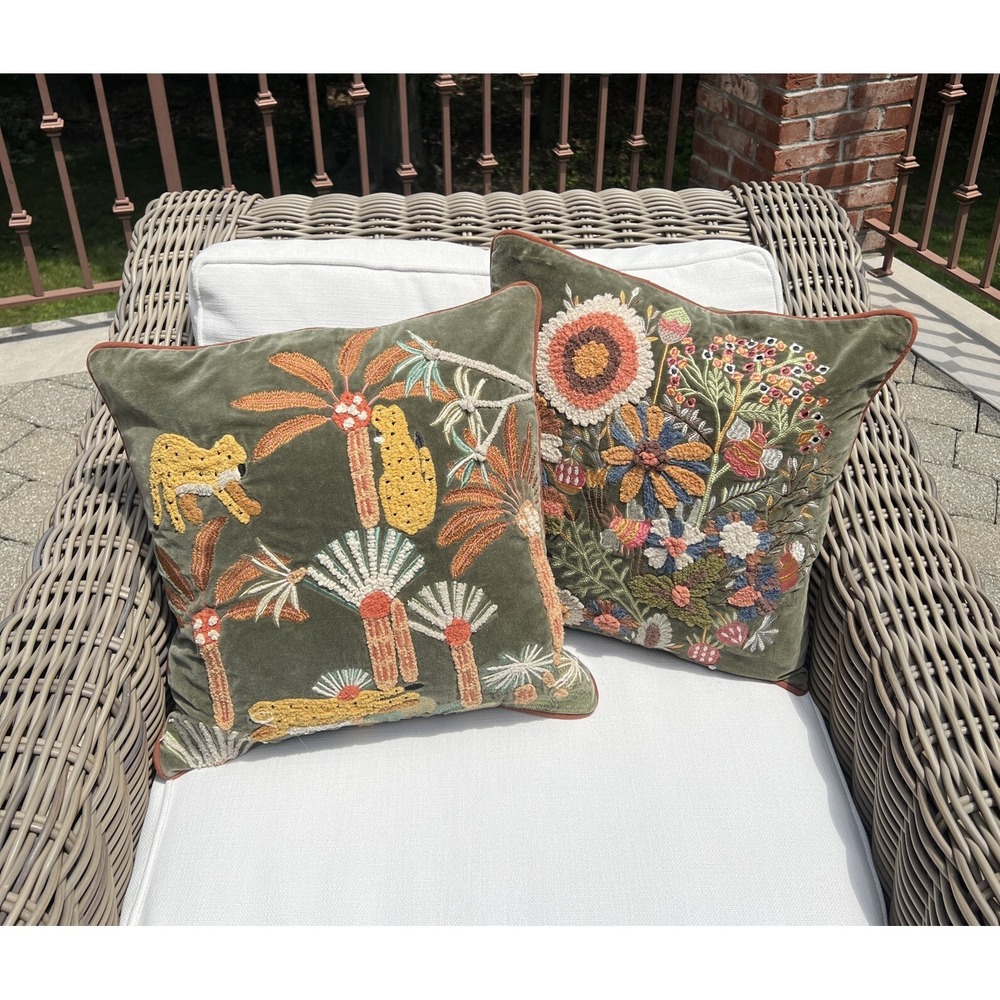Surya Transitional (2) 18" X 18" Pillow COVERS animals Embroidered Cotton India